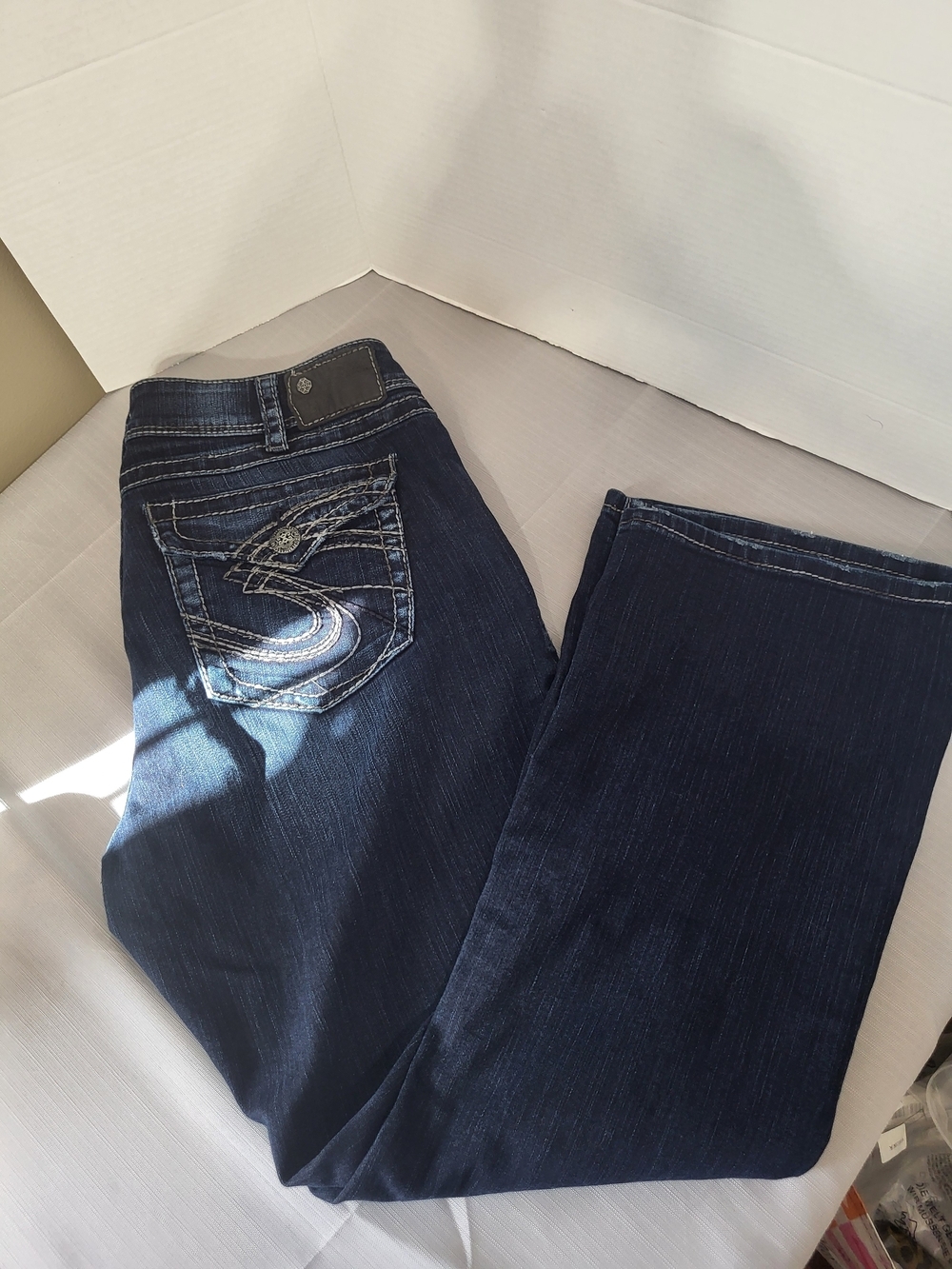 Silver Jeans Dark Blue Boot Cut with Embroidered Back Pocket, Size 16